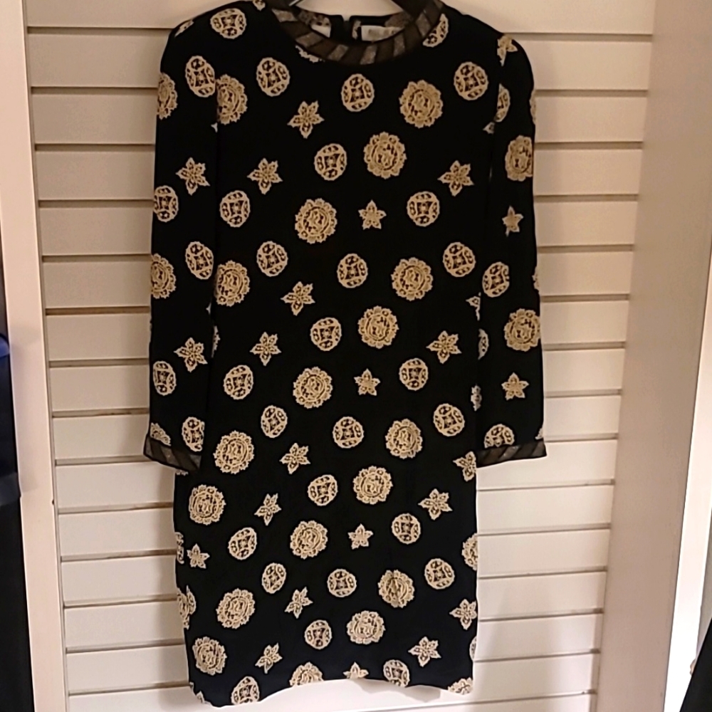 Bill Blass Dress Black With Beaded Trim 100 % Silk